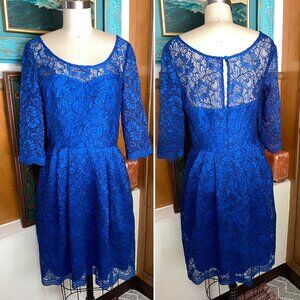 Betsey Johnson Illusion Pleated Lace Dress Sz 6 Cobalt blue black 3/4 sleeve